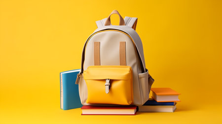 School backpack and books on yellow background. Back-to-school concept.の素材