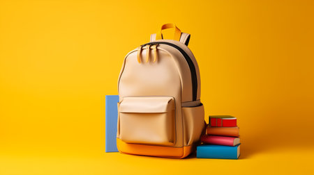 school backpack with books on a yellow background. Back-to-school conceptの素材