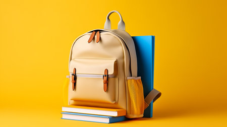 School backpack and books on a yellow background. 3d rendering.の素材