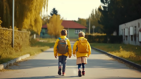 Back view of two adorable little children, boy and girl, walking with backpacks in autumn parkの素材