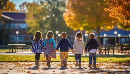 Group of children walking in the park on a sunny autumn day.の素材