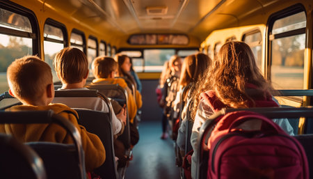 Back view of a group of children sitting in the bus and looking at the cameraの素材