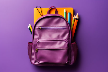 Purple backpack with school supplies on purple background. Back-to-school conceptの素材