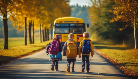 Back-to-school concept. Happy kids going to school with backpack and school busの素材