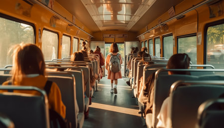 Rear view of a female passenger in a train looking out the windowの素材