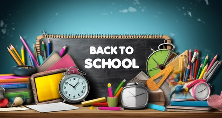 Back-to-school. School supplies on wooden desk. 3d illustrationの素材
