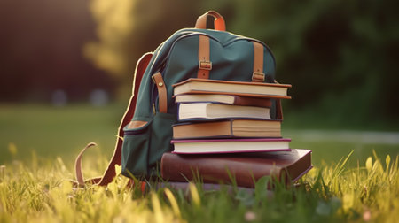 Back-to-school concept. Stack of books and backpack on green grassの素材