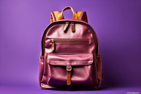 Stylish pink backpack on purple background. Back-to-school concept.の素材