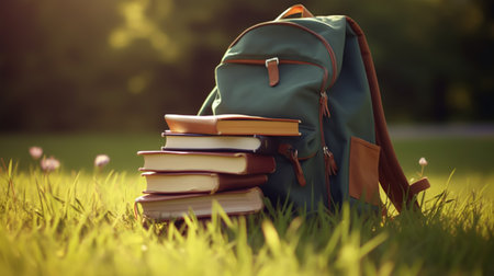 Backpack and books on green grass. Back-to-school concept.の素材
