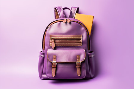 Purple backpack with school supplies on a purple background. Back-to-school concept.の素材
