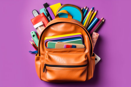 Orange backpack with school supplies on purple background. Back-to-school conceptの素材