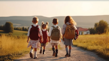 Back view of kids with backpacks and backpacks walking on the road in the countrysideの素材