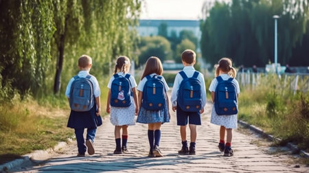 Back-to-school. Group of children in school uniform with backpacks go to school.の素材