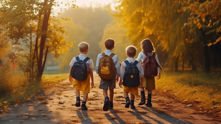 Back-to-school. Group of children with backpacks walking in autumn park.の素材