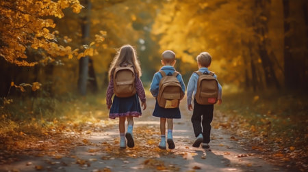 Back-to-school. Cute school kids with backpacks in autumn forest. Back-to-school.の素材