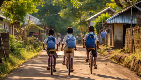 Boys with backpacks riding a bicycle on a rural road.の素材