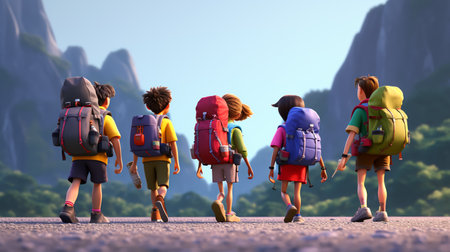 Group of kids with backpacks walking on the road in the mountainsの素材