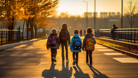 Back view of a group of schoolchildren with backpacks walking along the bridge in autumnの素材