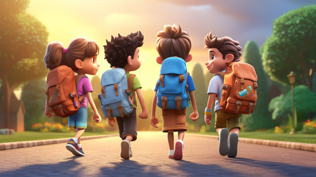 Group of kids with backpacks going to school. 3D renderingの素材