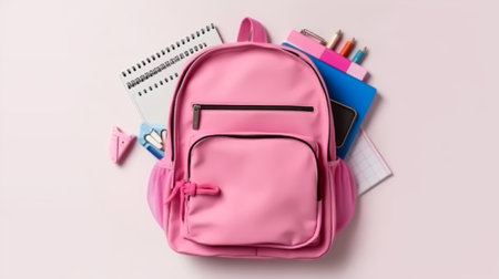 Pink backpack and school supplies on white background. Back-to-school concept.の素材