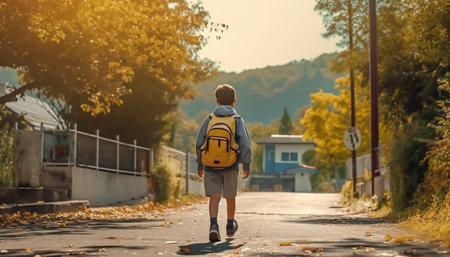 Back view of little boy with backpack walking on the road in the countrysideの素材