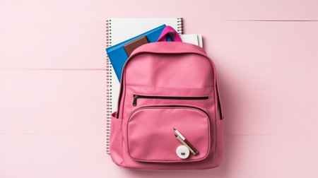 Pink backpack with stationery on pink background. Back-to-school conceptの素材