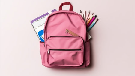 Pink backpack with school supplies on a pink background. Back-to-school conceptの素材