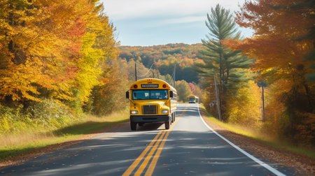 School bus on the road in autumn. Back-to-school concept.の素材