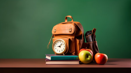 back to school concept with school supplies and alarm clock on wooden tableの素材
