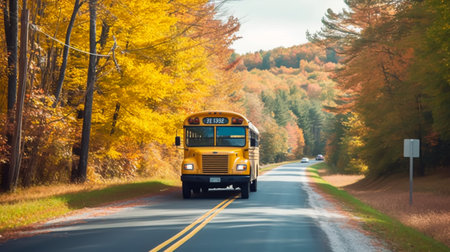 School bus on the road in autumn forest. Back-to-school concept.の素材
