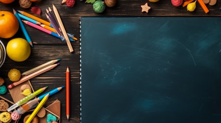 Back-to-school concept. School supplies on blackboard background with copy spaceの素材