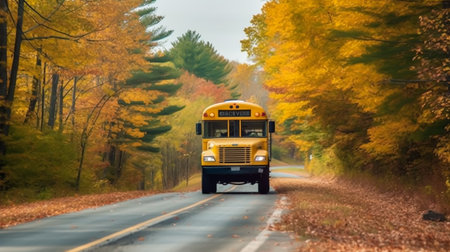 School bus on the road in autumn. Back-to-school concept.の素材