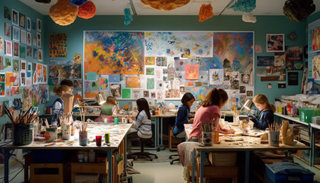 Children painting in art school. Kids painting on canvas in art school.の素材