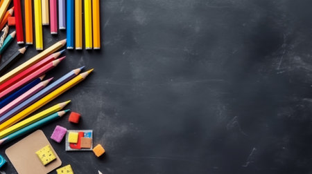 School supplies on blackboard background. Back-to-school concept. copy-space.の素材