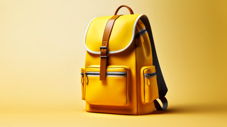 Yellow backpack on a yellow background. 3d rendering, 3d illustration.の素材