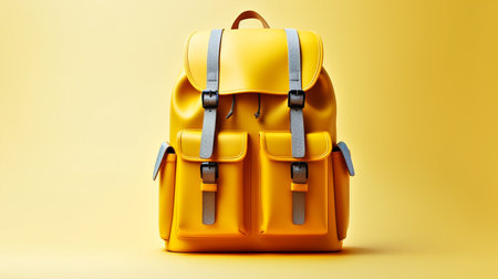 Yellow backpack on a yellow background. 3d rendering. Back-to-school concept.の素材