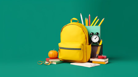School backpack with stationery on color background. Back-to-school conceptの素材