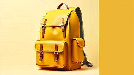 Yellow backpack on a yellow background. 3d rendering. side view.の素材