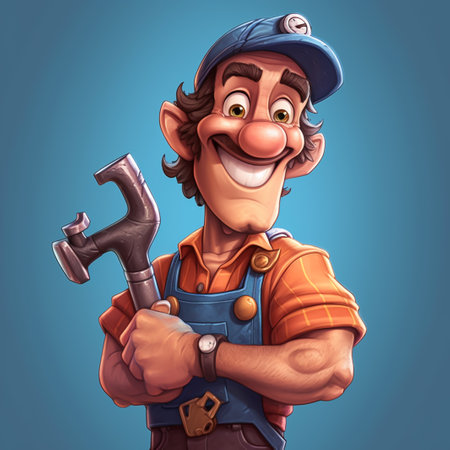Cartoon mechanic with wrench and hammer in his hand, blue backgroundの素材