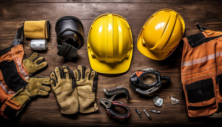 Standard construction safety equipment on wooden background. Hard hat, gloves, tape measure and other tools.の素材