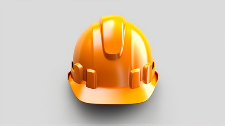 Orange hard hat isolated on gray background. 3d rendering illustration.の素材