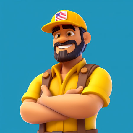 Cartoon character of a construction worker with arms crossed, 3d illustrationの素材