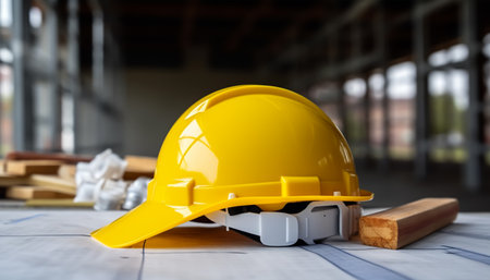 Yellow hard hat and building materials on a wooden table in a construction siteの素材