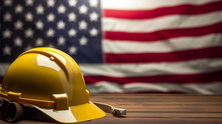Helmet and hard hat on wood table with american flag backgroundの素材