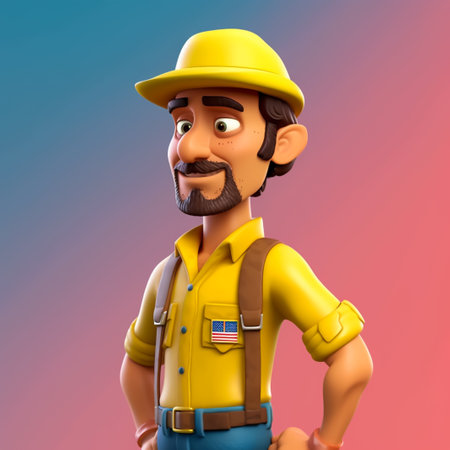 Plumber with a yellow hat and blue pants, 3d illustrationの素材