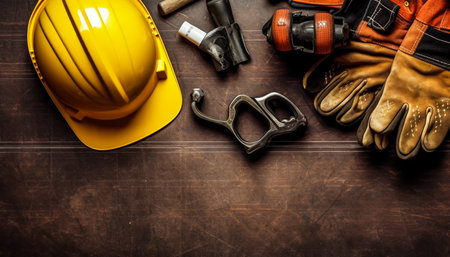 Construction tools on wooden background. Copy space for text. Top view.の素材