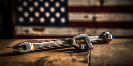 American flag and wrench on wooden table. Close-up. Selective focus.の素材