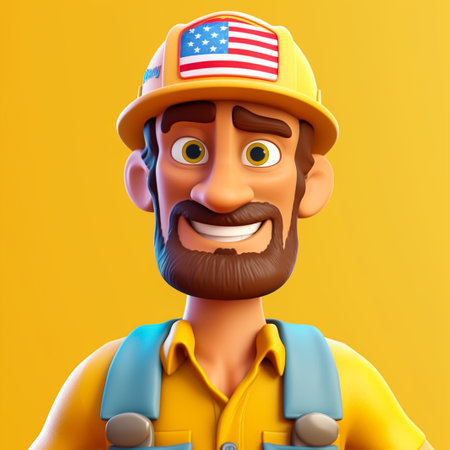 Cartoon worker with hard hat and blue overalls on yellow backgroundの素材