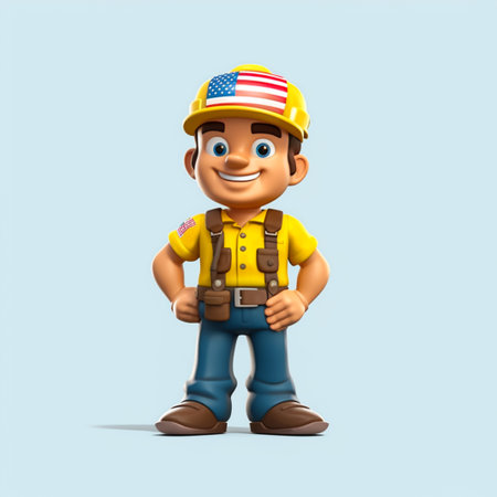 Cartoon character of worker with USA flag on his shoulder. 3d illustrationの素材