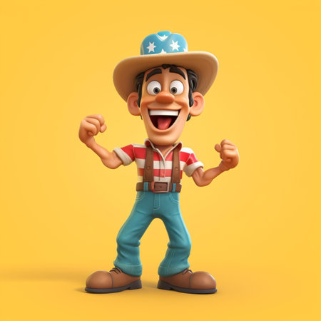 Cartoon character of a cowboy with a hat on a yellow backgroundの素材
